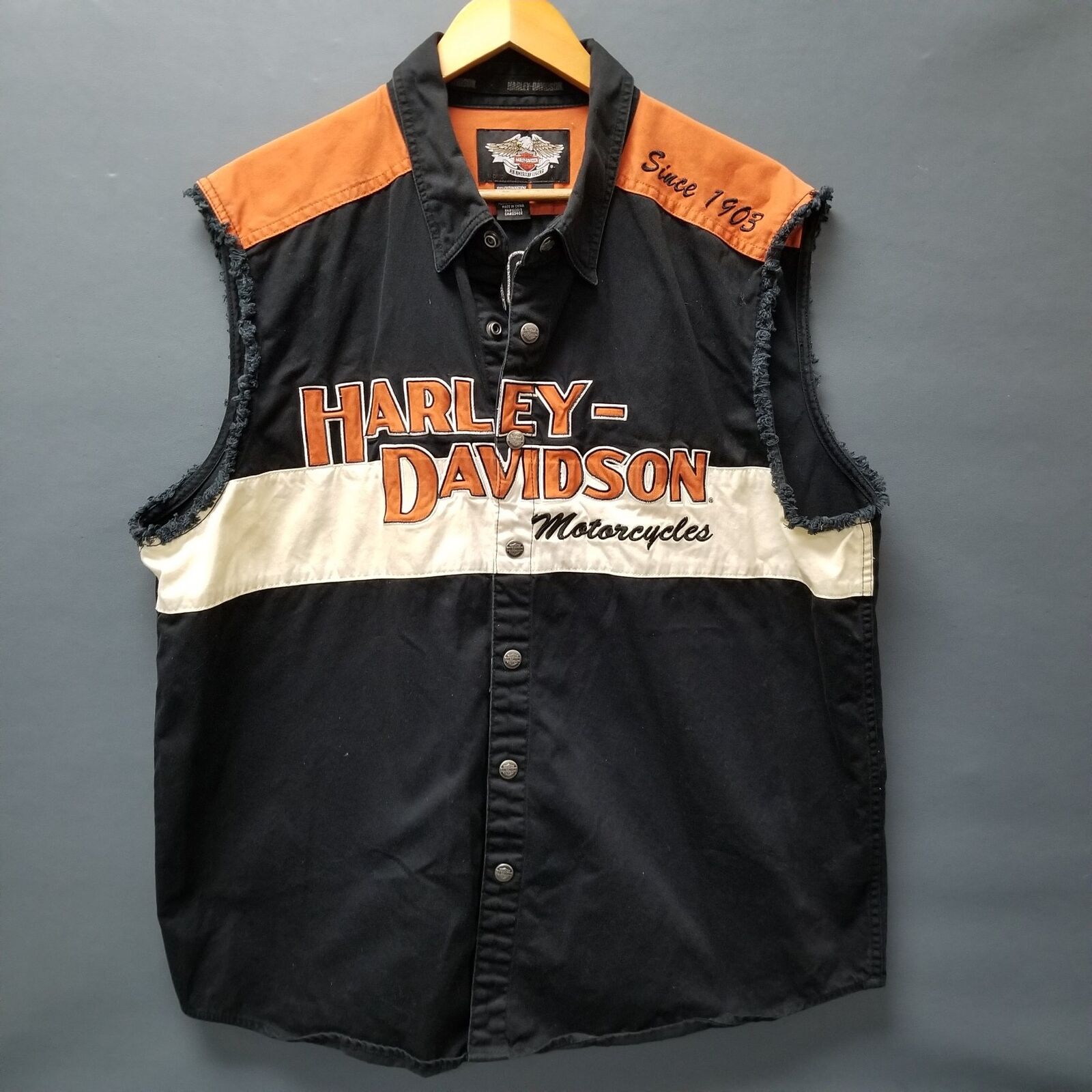 Harley Davidson Biker Sleeveless Embroidered Mechanic Button Up Shirt Men\'s XL