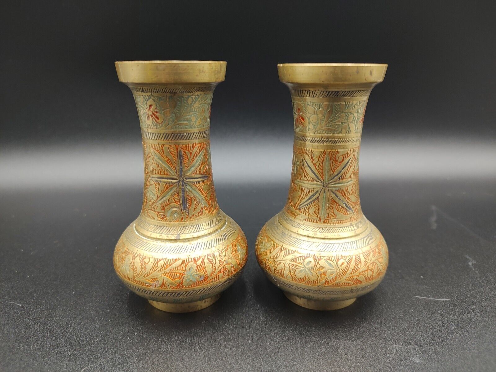 Vintage Pair Small Carved Brass Vases Hand Painted  Sarna India 5 Inches Tall