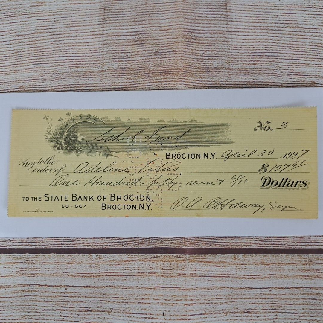 Antique Cancelled Check 1927 State Bank of Brocton School Fund Adeline Titus