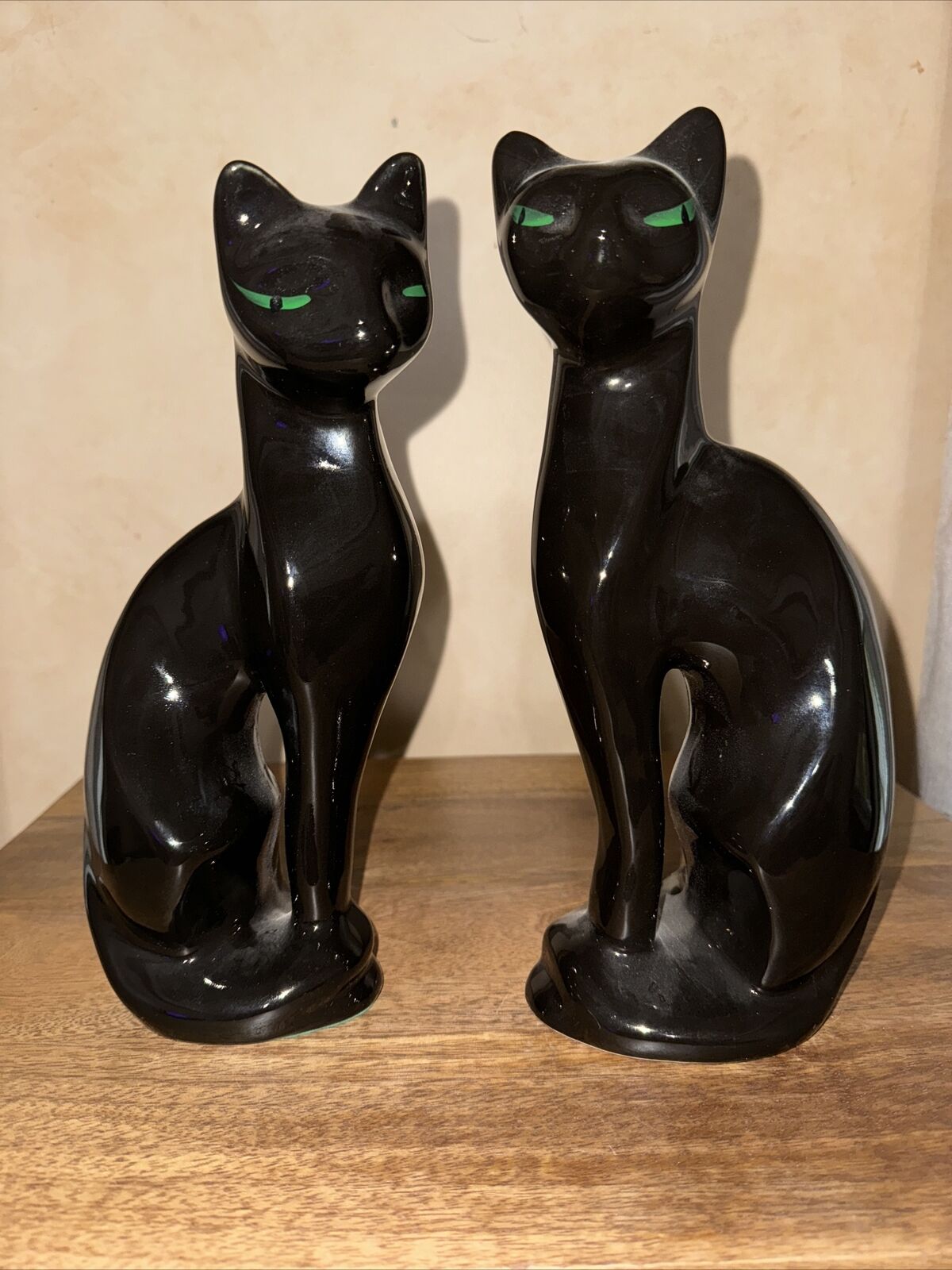 Vintage Mid Century Modern Pair Black Cats Green Eyes 11” Figurines Set Of 2