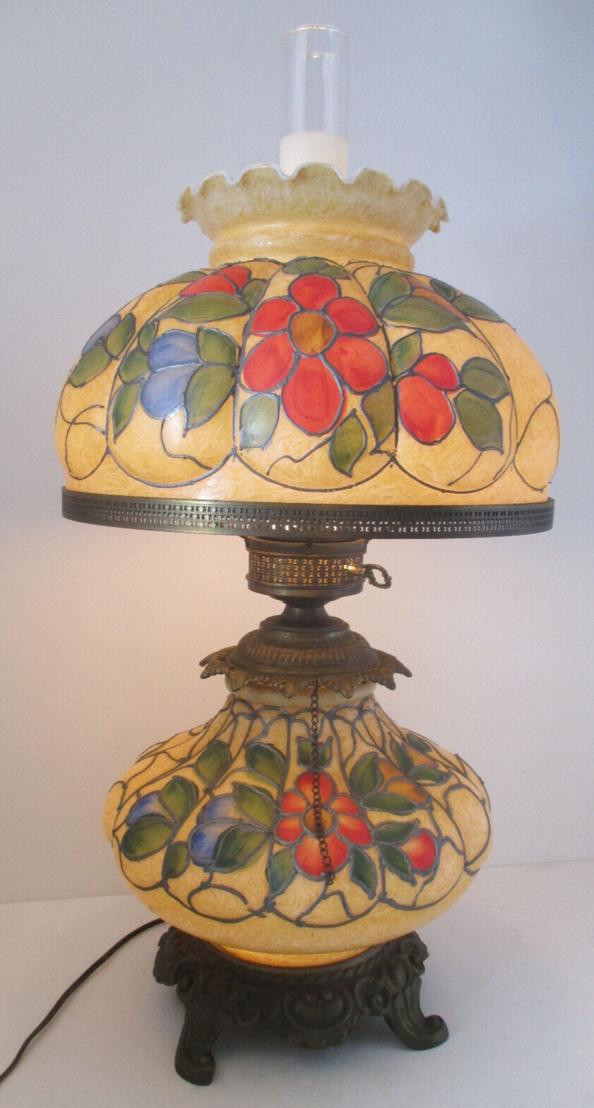 LARGE HURRICANE GWTW LAMP - CUT LEAD GLASS FLORAL PATTERN -3 WAY 28\
