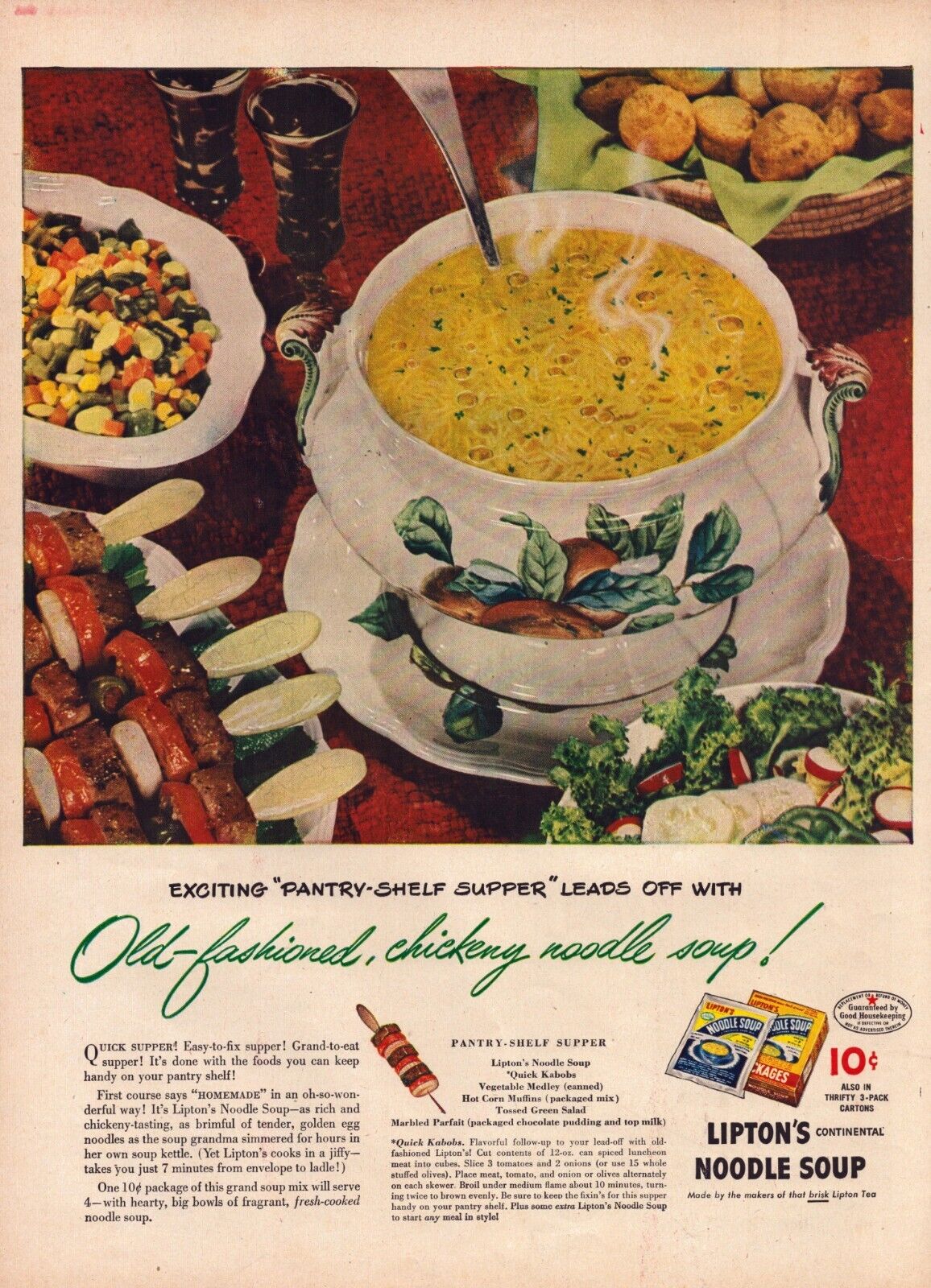 1945 Lipton Noodle Soup Print Ad WWII Old Fashioned Chicken Pantry Shelf Supper