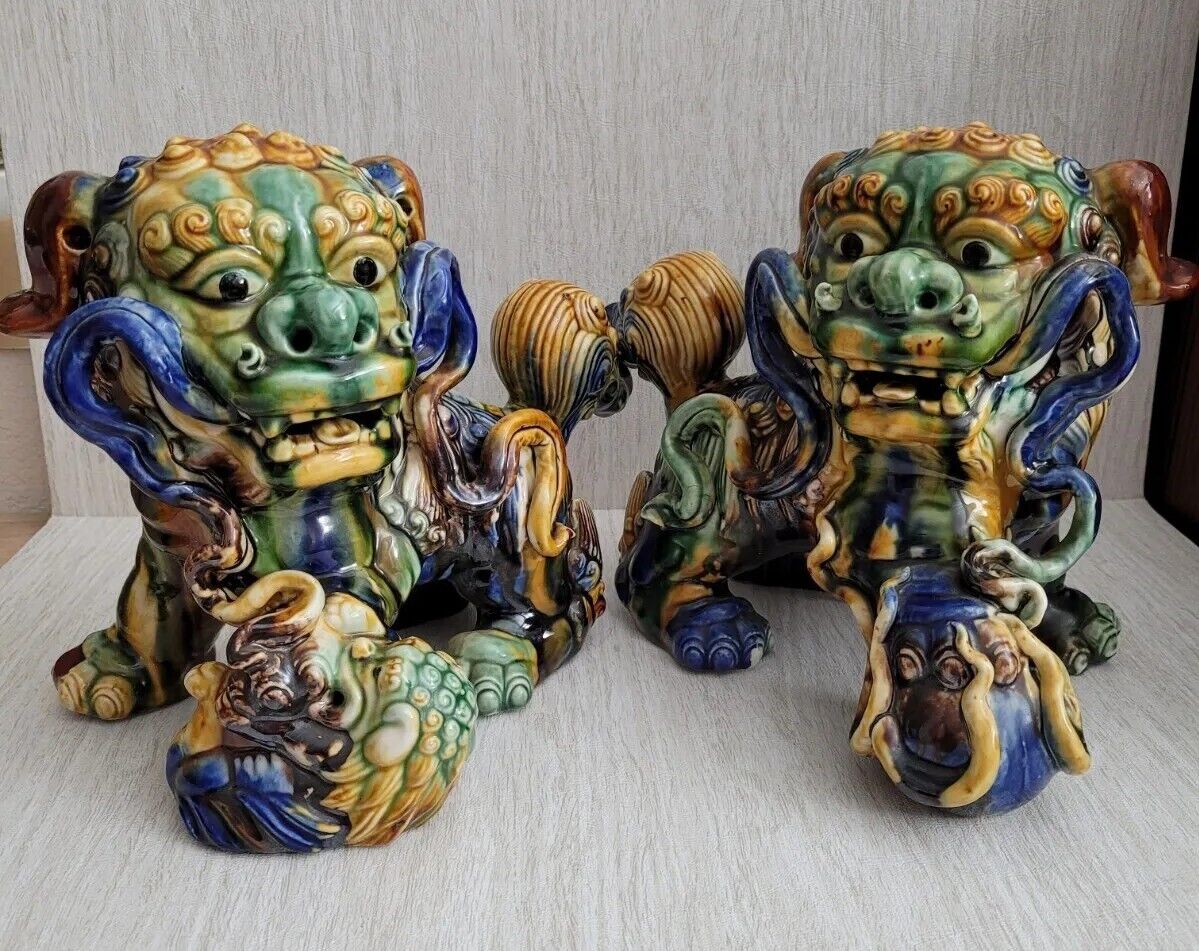 Chinese Shishi Lion Fu Dog Guardian Statues Tang Sancai Egg Spinach Cobalt Glaze