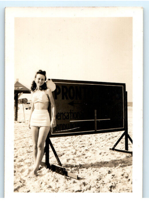 Vintage Photo 1947 Post WW2 Daytona Honeymoon, Wife Posed Pinup Sign ,3.5x2.5