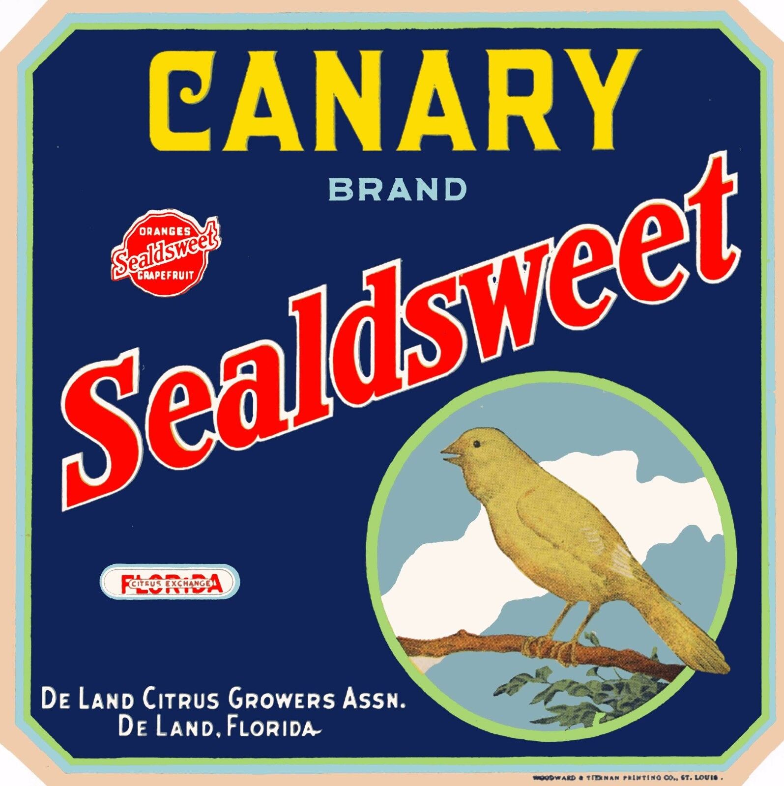 De land Florida Canary Brand Sealdsweet Orange Citrus Fruit Crate Label Print