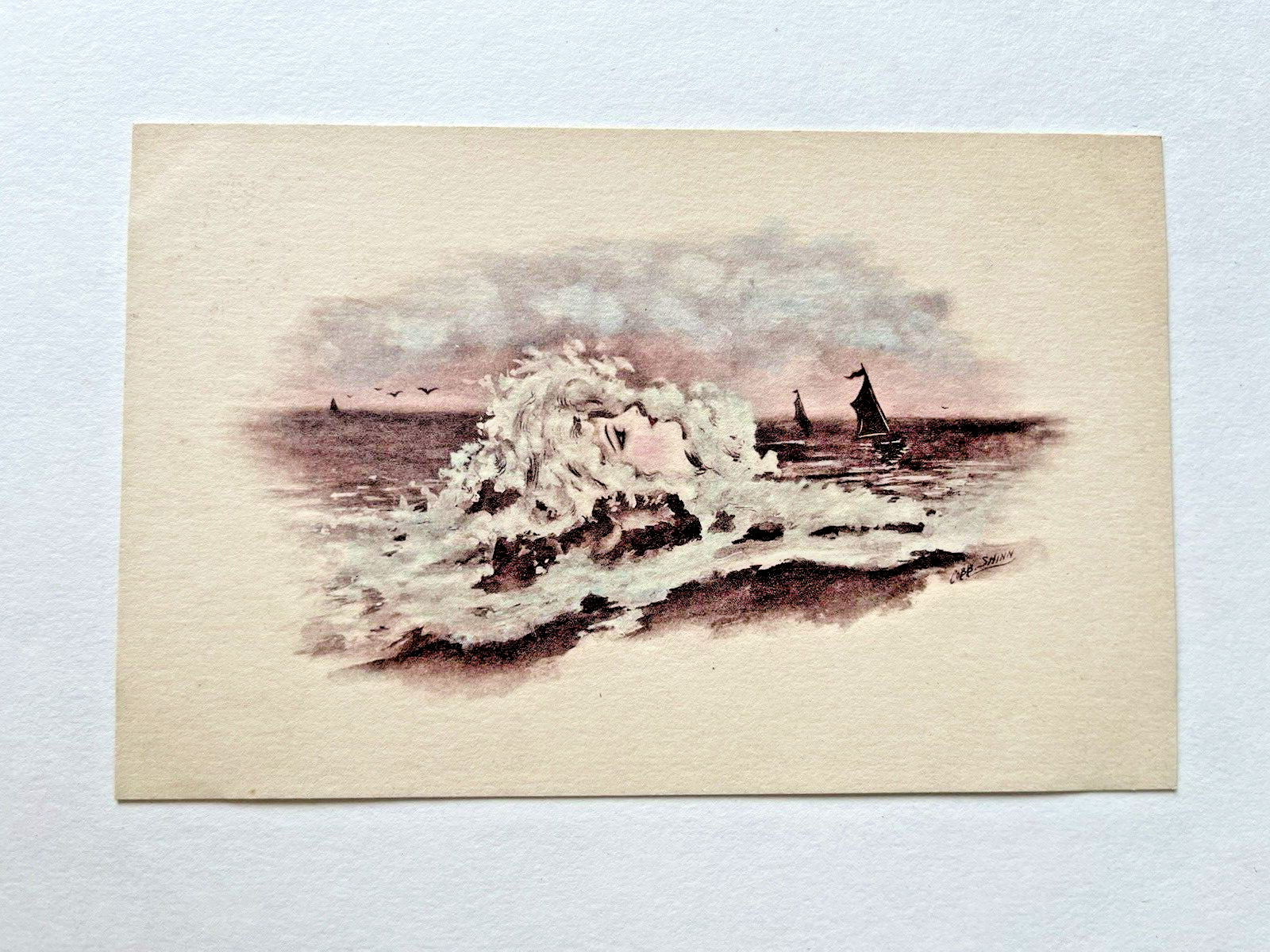 Antique Vintage COBB SHINN Postcard Beautiful Lady OCEAN MERMAID SIREN Sailboats