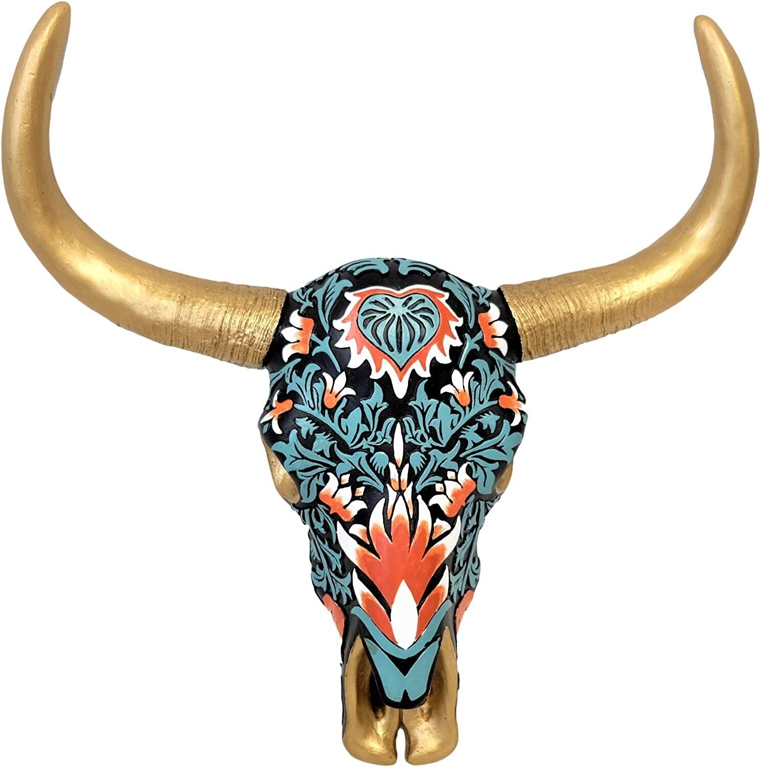 Tribal Southwest Floral Colorful Bull Steer Head Skull Hunting Wall Hanging Art