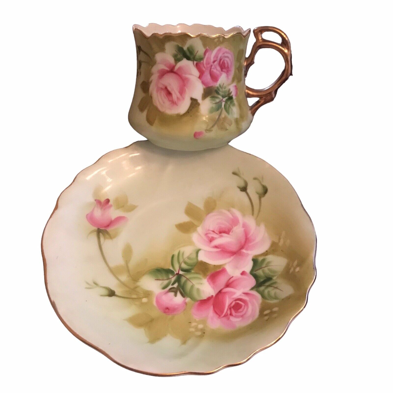 Lefton China Hand Painted Cup & Saucer, Pink Roses, Gold Trim & Gold Handle