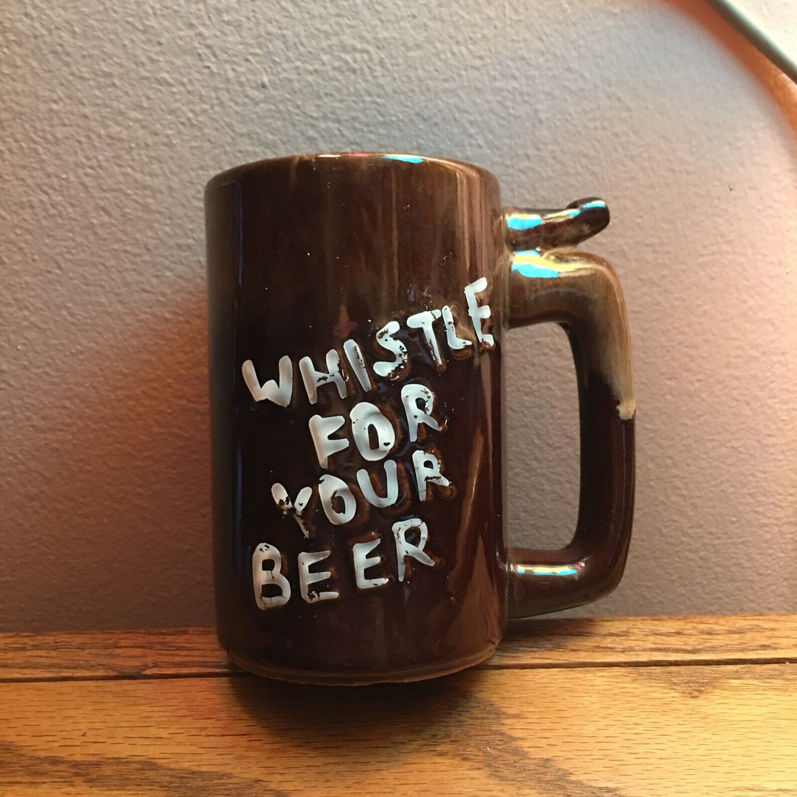 Wet Your Whistle Whistle For Your Beer Stein Japan Hand Made Dark Glaze Red Ware