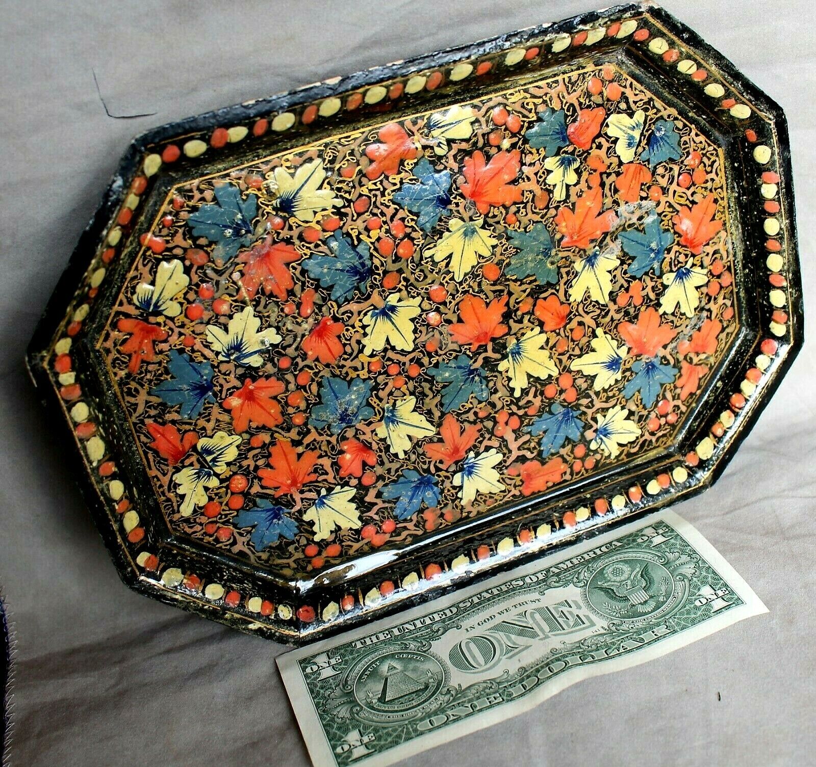Russian Black Lacquer Octagonal Tray Profusely Decorated with Grape Leaves c1910