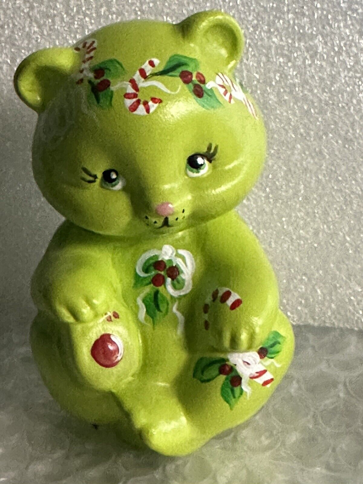 Fenton Bright Green Holiday Sitting Bear Decorated by R. Worstell OOAK 2023