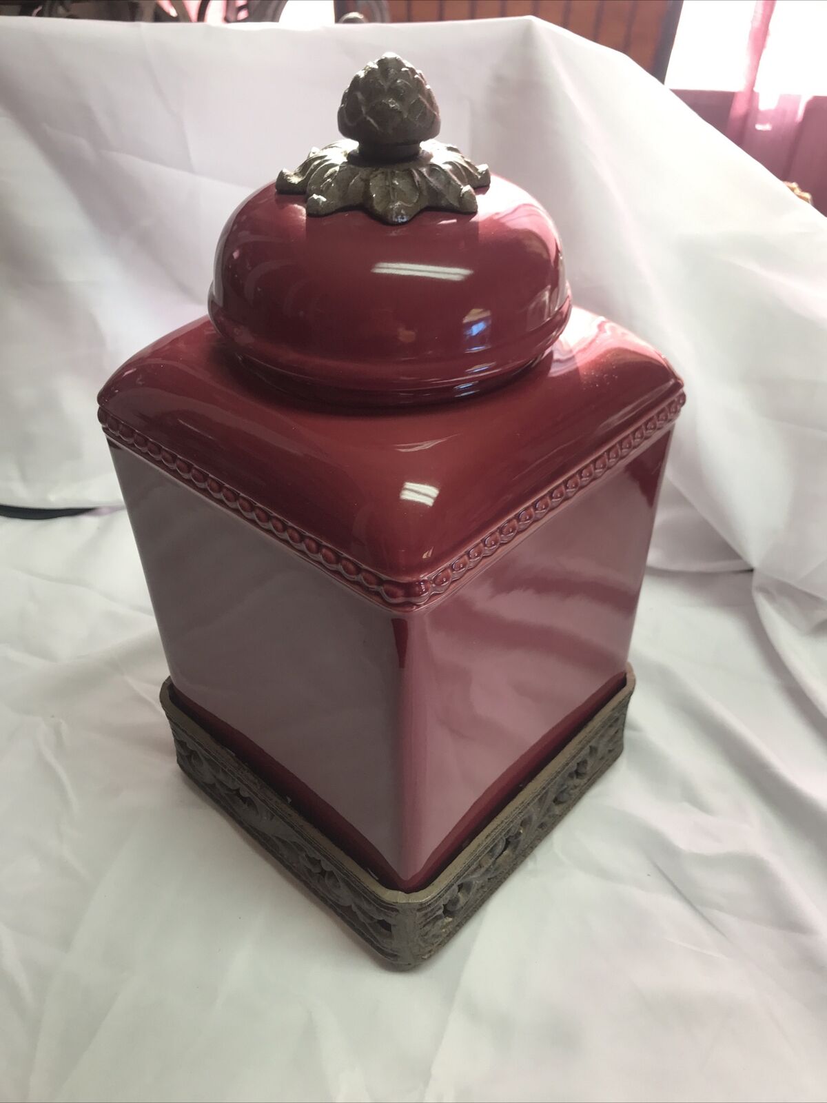 Garacious Goods Cranberry Canister 13 1/2 Tall X  6  1/2 Sq Metal Base Scroll