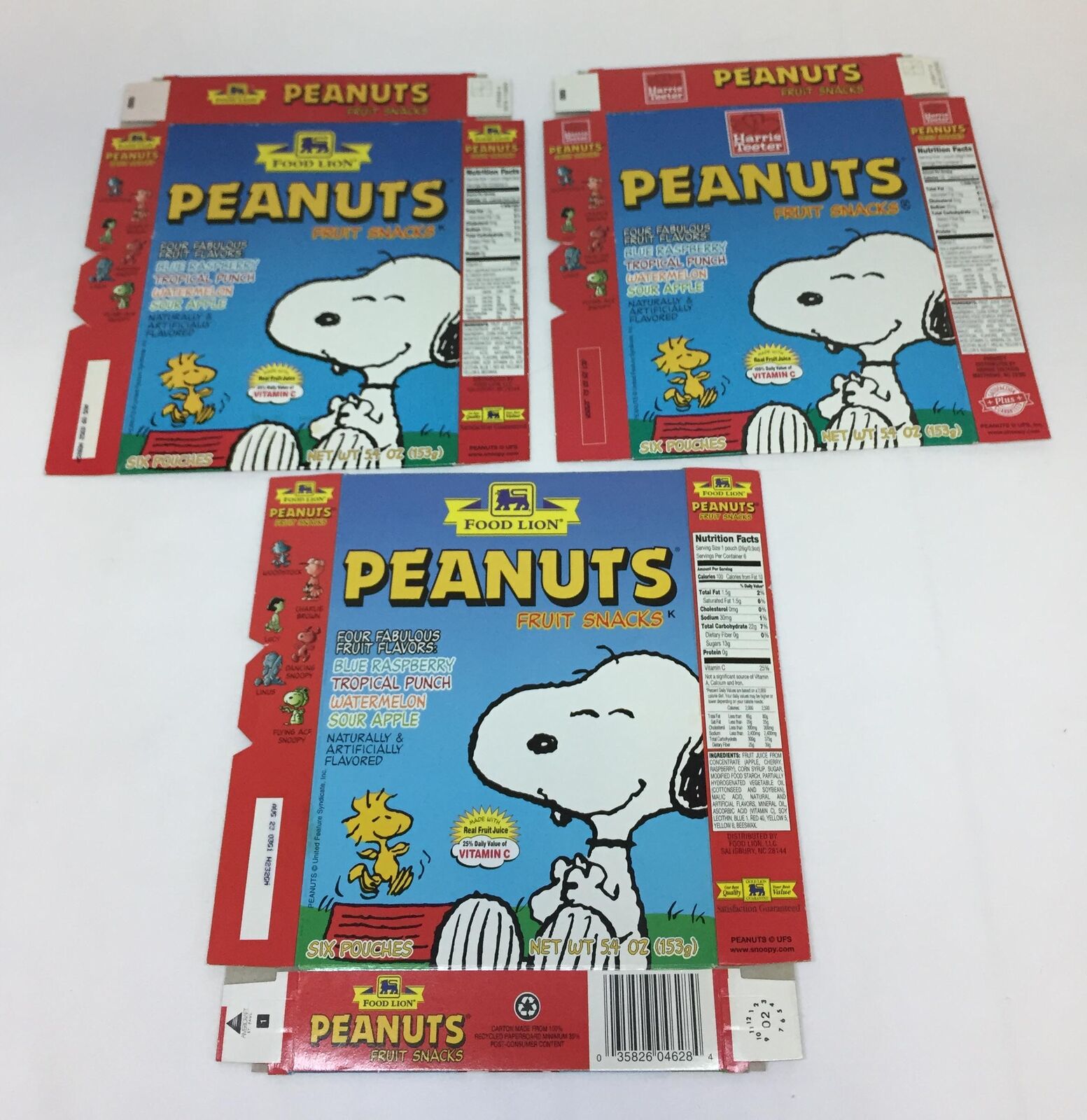 lot of three 2003 Harris Teeter PEANUTS fruit snack boxes Charles Schulz