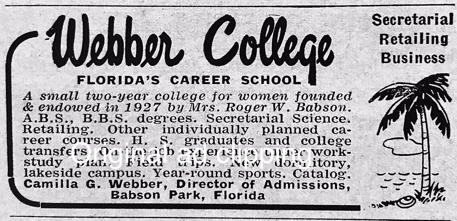 1957 Webber College Florida Women’s Careers PRINT AD 2” Vintage PROMO