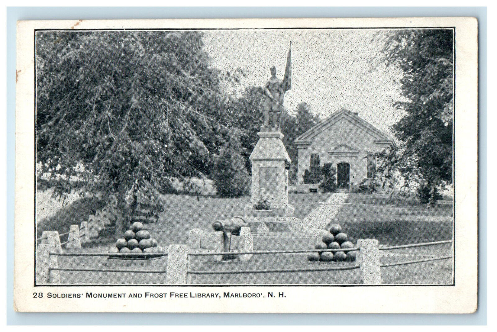 c1900s Soldiers Monument and Frost Free Library Marlboro NH Posted PMC Postcard