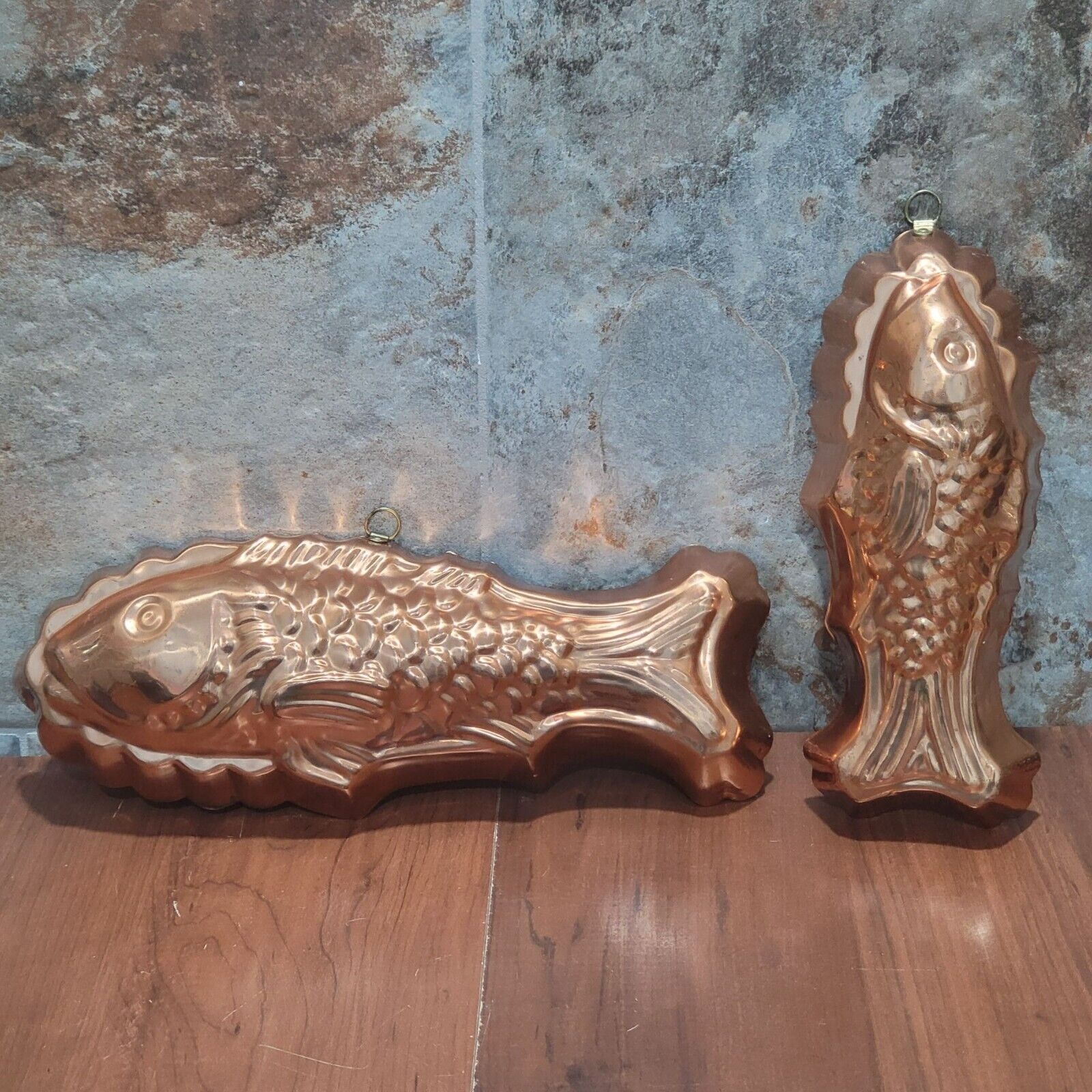 Vintage Tagus Portugal Copper Fish Mold Kitchen Decor Wall Hanging Set of 2