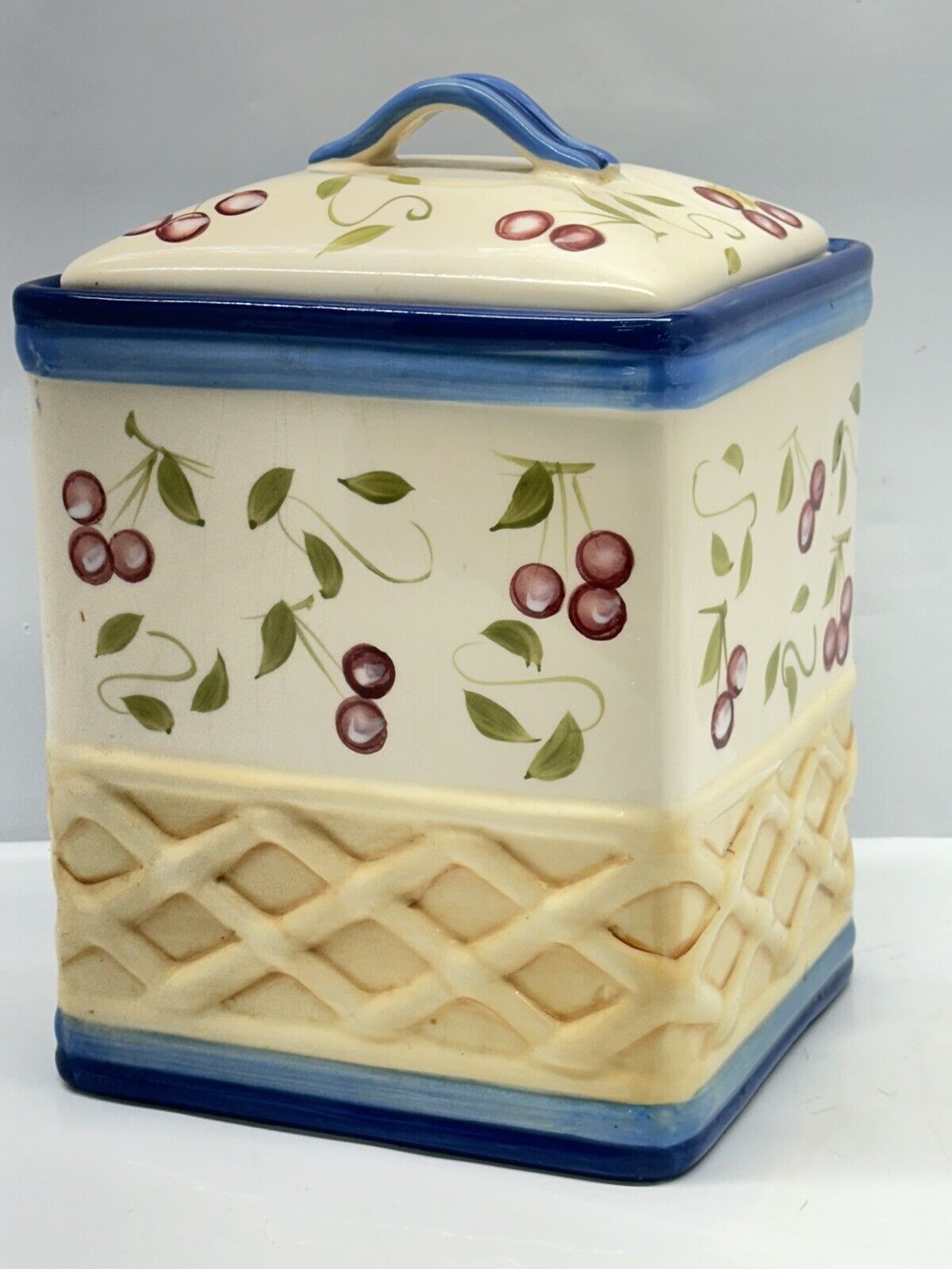 Large Inspirado Square Hand Painted BISCOTTI COOKIE JAR Cherry Basket Weave