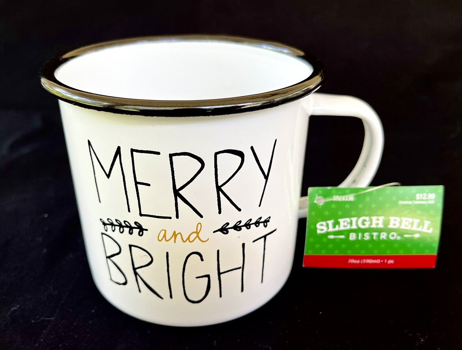 Merry And Bright Coffee Tea Farmhouse Black & White Enamel 20 Oz Mug Cup