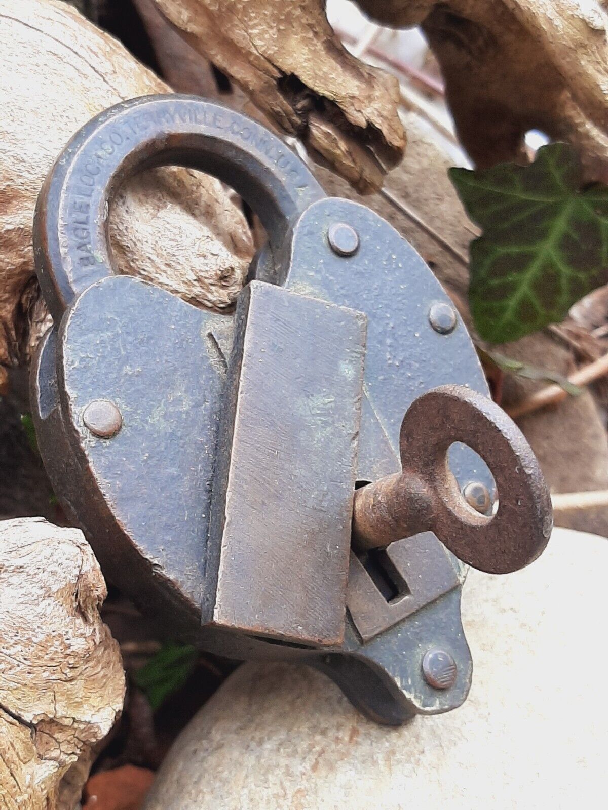 Antique Vintage Brass Padlock Eagle Lock Co. Terryville Works Original Key