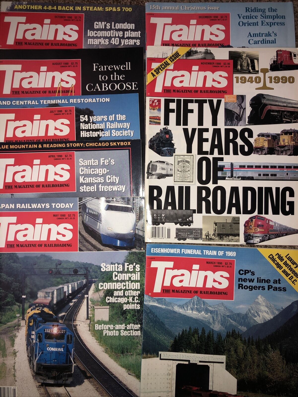 Trains 1990 Magazine 8 Issues Mar April May July Aug Oct  Nov Dec 50 Years Of RR