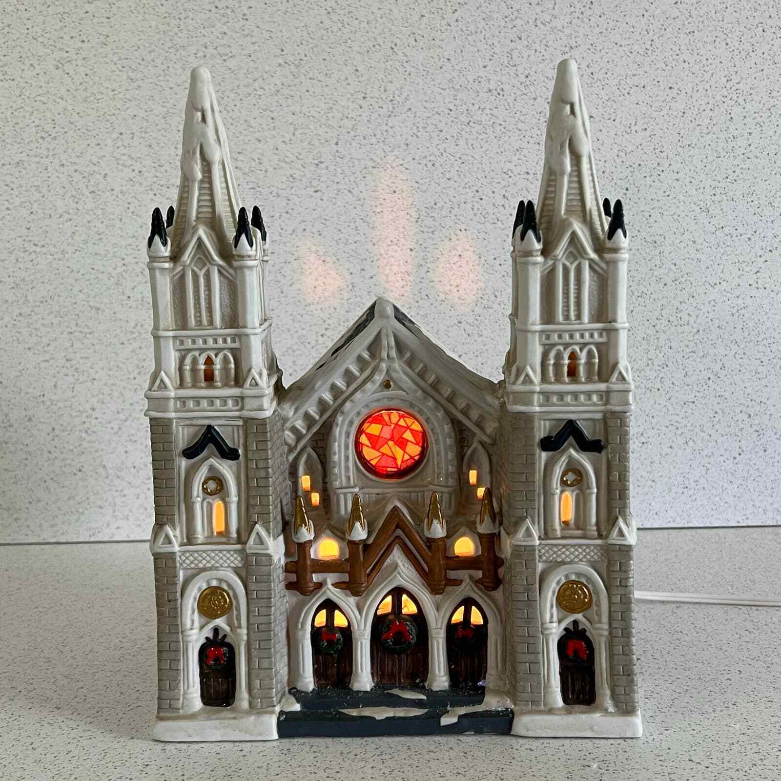 Mervyn's Village Square Church Two Steeples 1996 Lighted Christmas Building