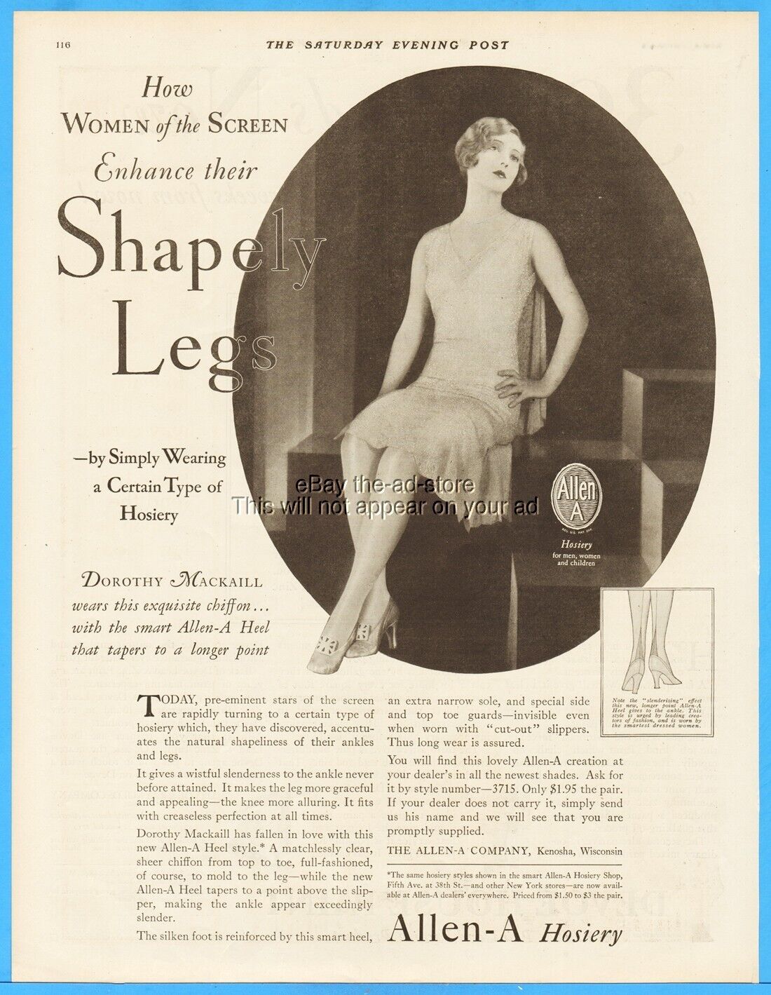 1928 Dorothy Mackaill Photo Allen-A Hosiery Stockings Vintage Ad Kenosha WI