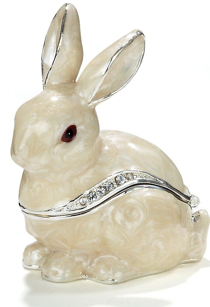 Kubla Craft Bejeweled Enameled Trinket Box: White Rabbit Box, Item# 3418WH