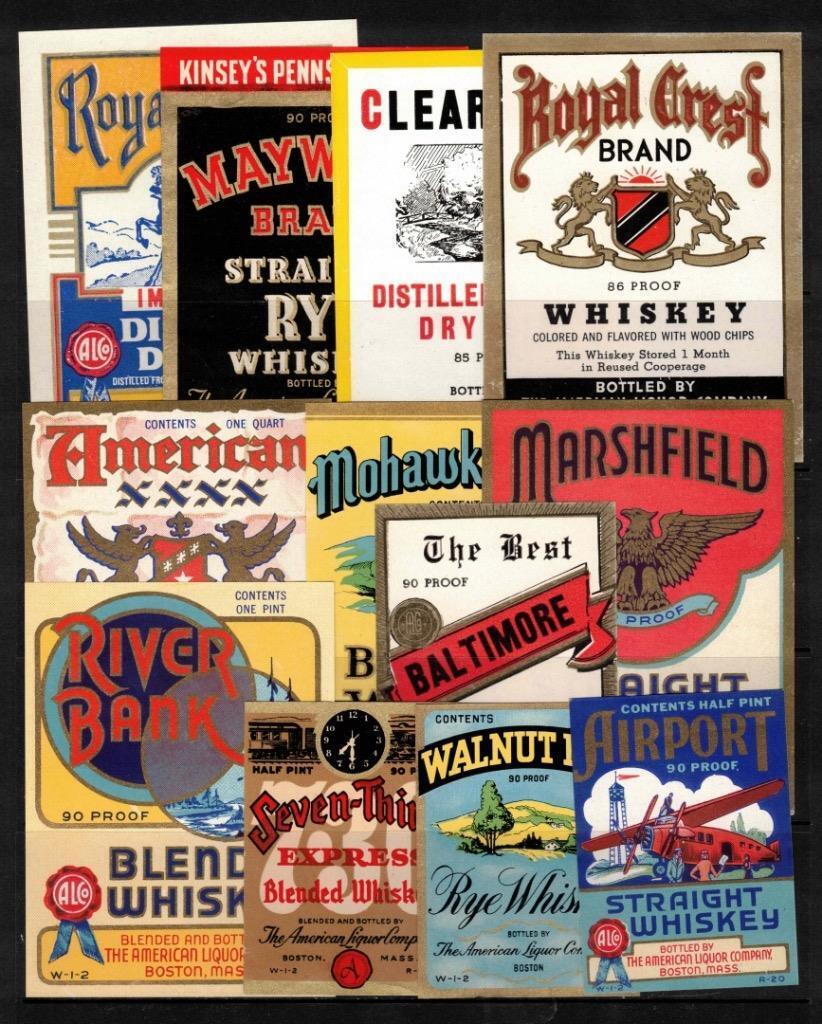 Lot of 12- Different Liquor Labels. Marshfield, River Bank, Walnut Hill And More