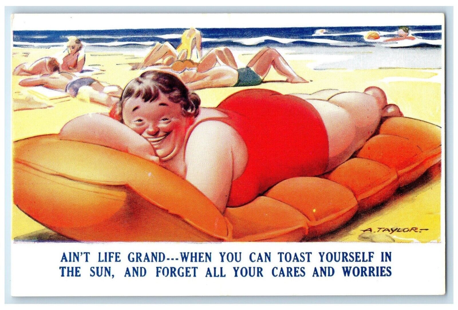 c1910's Fat Woman At The Beach Sun Bating Taylor Bamforth Antique Postcard