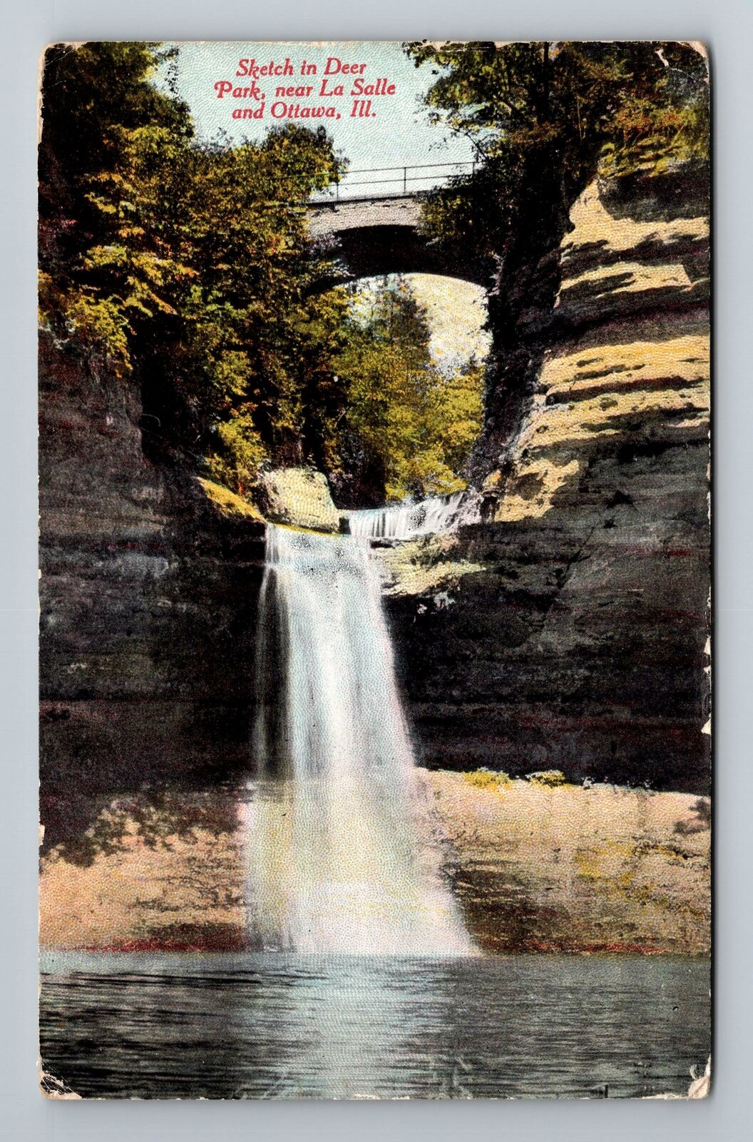 Ottawa IL-Illinois, Deer Park, Bridge, Waterfall Vintage Souvenir Postcard