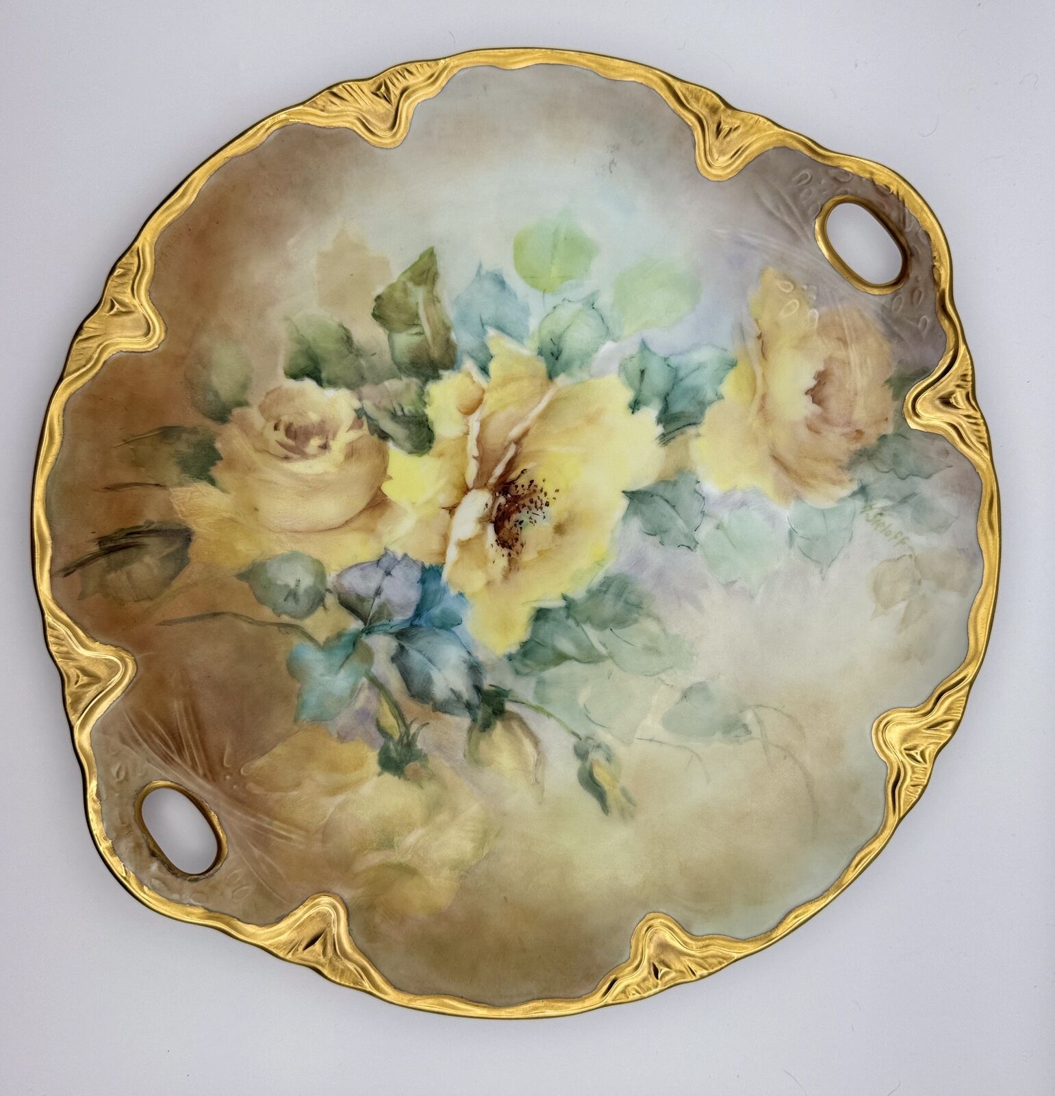 Hand-Painted  Tray with Yellow Roses & Gold Accents - Signed by H. Sieloff