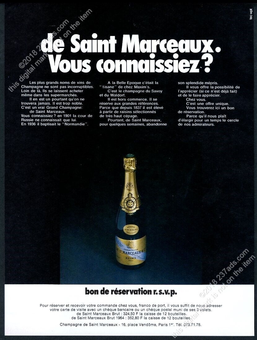 1972 de Saint Marceaux champagne bottle photo vintage French print ad