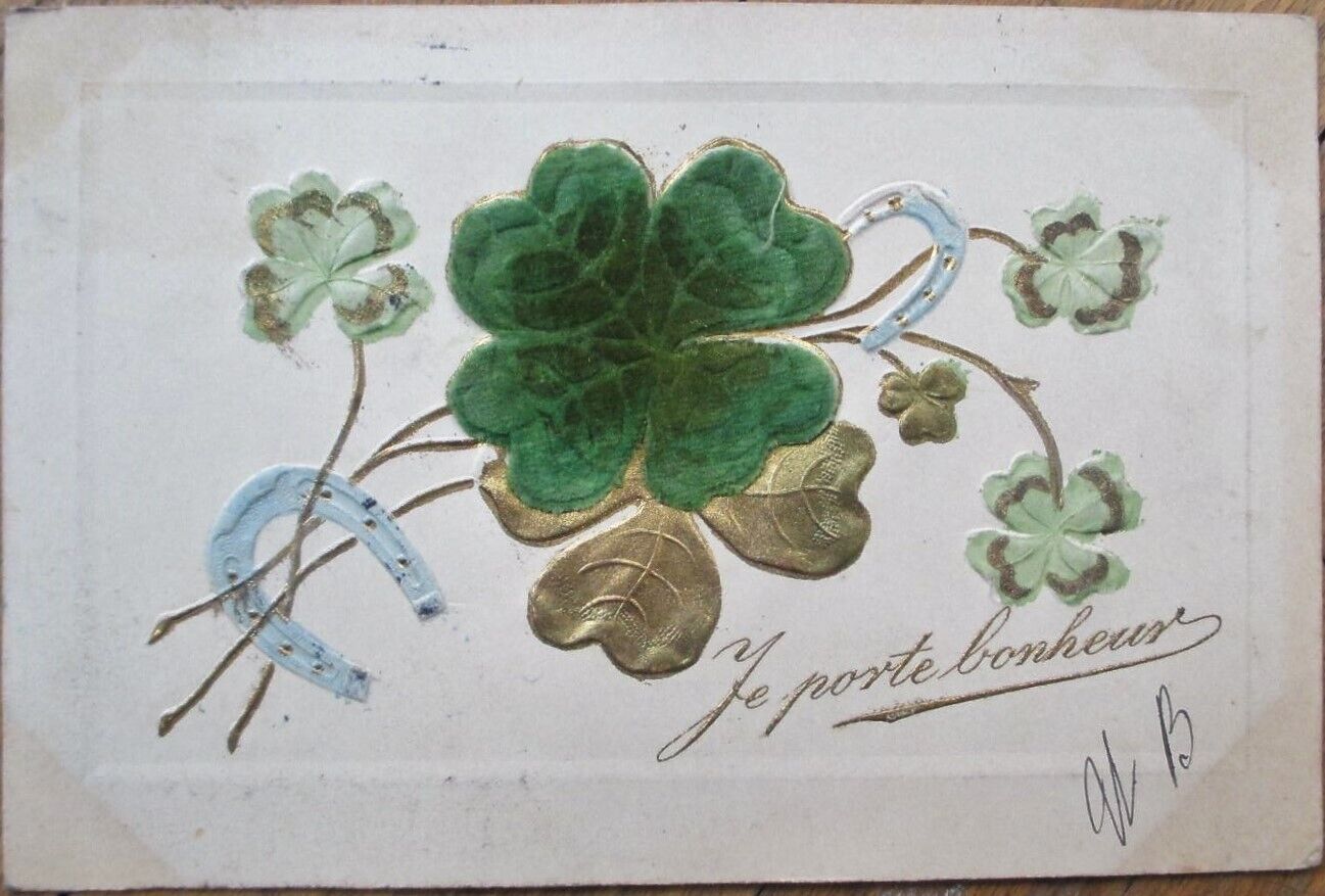Velvet Four-Leaf Clover, Heavily Embossed 1906 French Fantasy Novelty Postcard