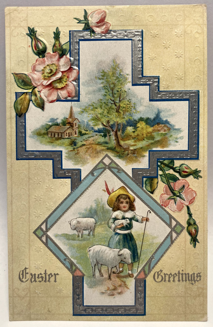 Easter Greetings, Shepherd Girl with Little Lambs, Cross, Embossed Postcard