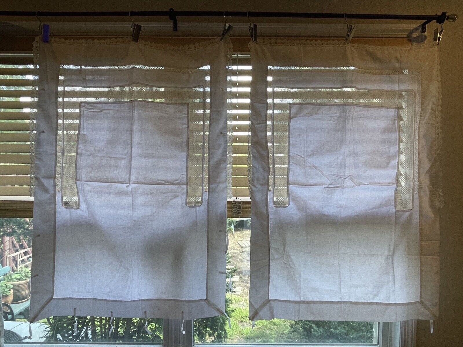 Lot 2 30 X 40” Door Window Ecru Mesh Lace Curtain Pull Up Tie Up