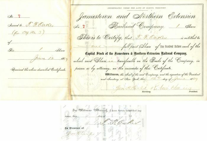 Jamestown and Northern Extension Railroad Co. issued to and signed by T.F. Oakes