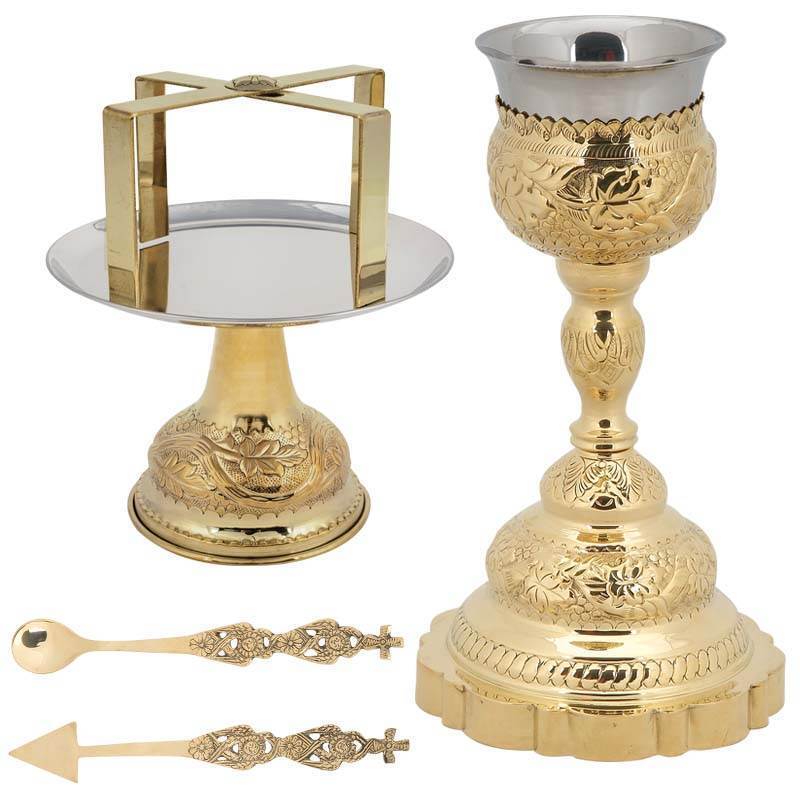 High Quality Brass Chalice Set 5 Pieces Paten Lance Divine Liturgy Eucharist