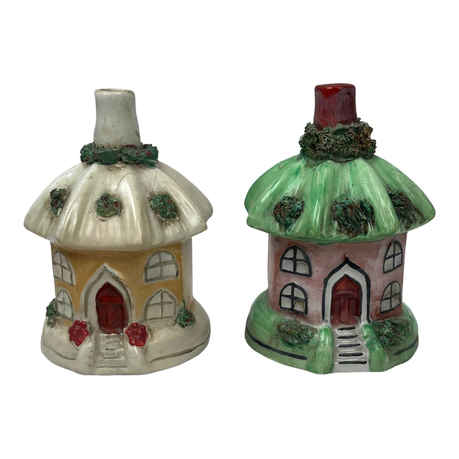 Antique Staffordshire Pottery Hexagon Cottage Figurines Pastille Burners Two U33