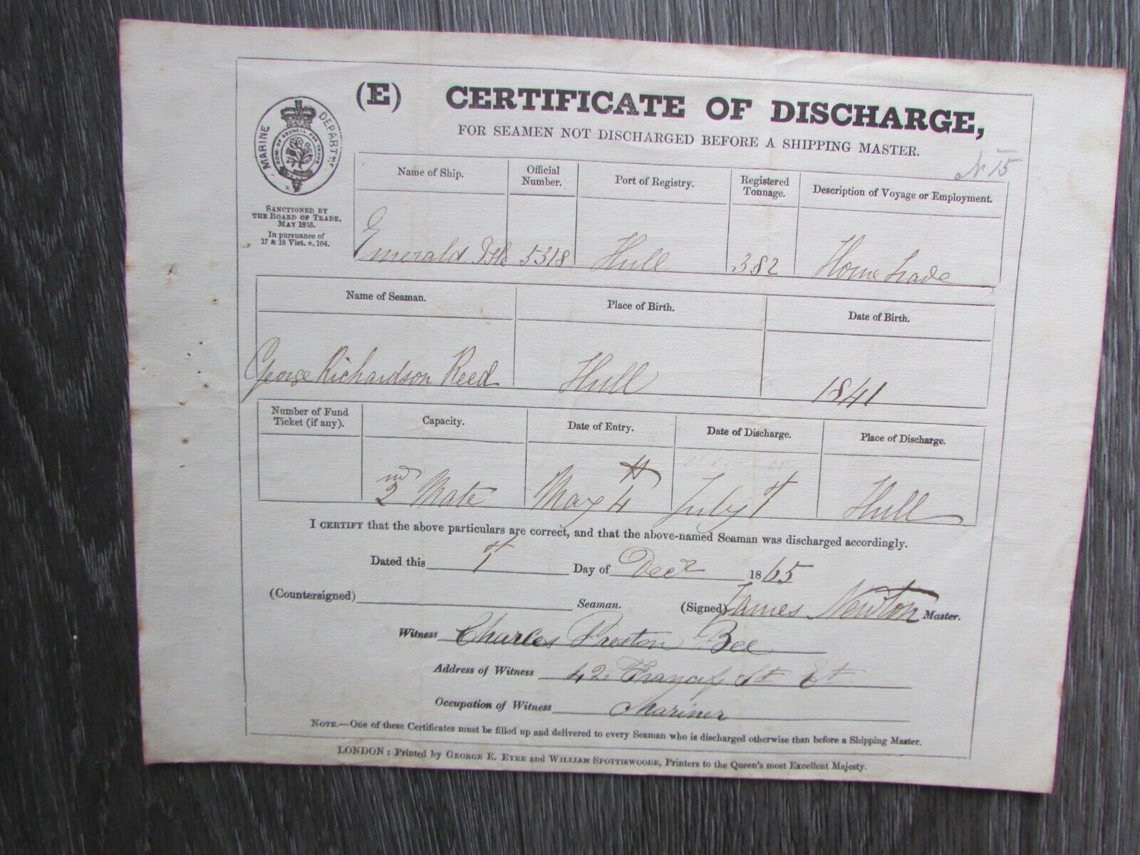 Seaman 1865 Original Hull 2nd Mate Certificate of Discharge Ship Emerald Isle