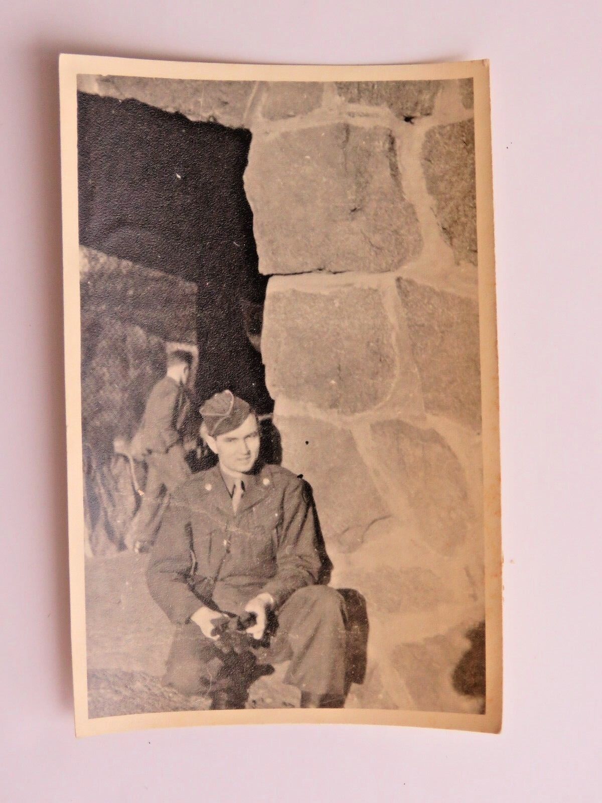 WWII Vintage Postcard Soldier In Uniform By Rock Wall WW2 Old #4072