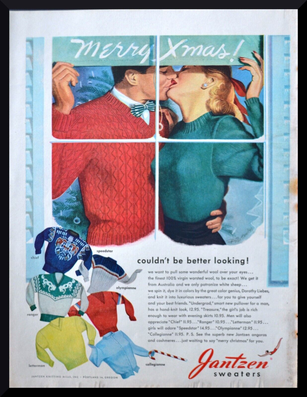 1948 JANTZEN Sweater Cute CHRISTMAS Couple Holidays Kiss VINTAGE Print AD