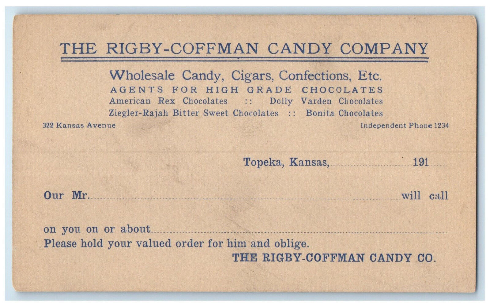 c1905 The Rigby-Coffman Candy Company Topeka Kansas KS Unposted Postal Card