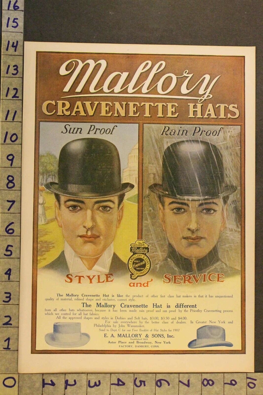 1907 FASHION MEN HAT MALLORY CRAVENETTE DANBURY DERBY ILLUSTRATED ADVERT VG34