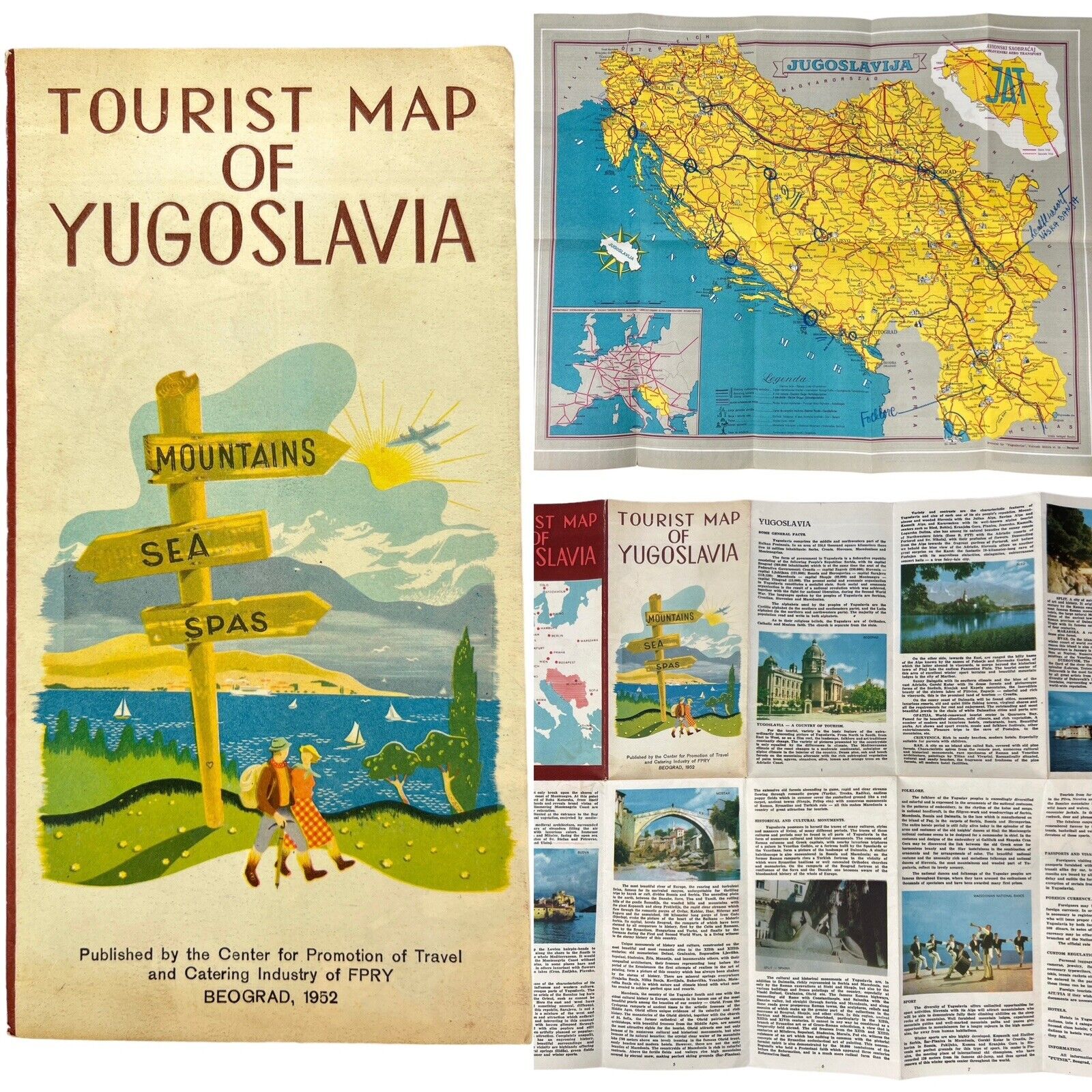 Vintage 1952 TOURIST MAP OF YUGOSLAVIA JUGOSLAVIJA MCM Art Brochure
