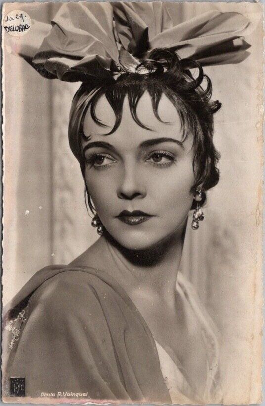 JACQUELINE DELUBAC Photo RPPC Postcard French Film Actress *STICKER on Front