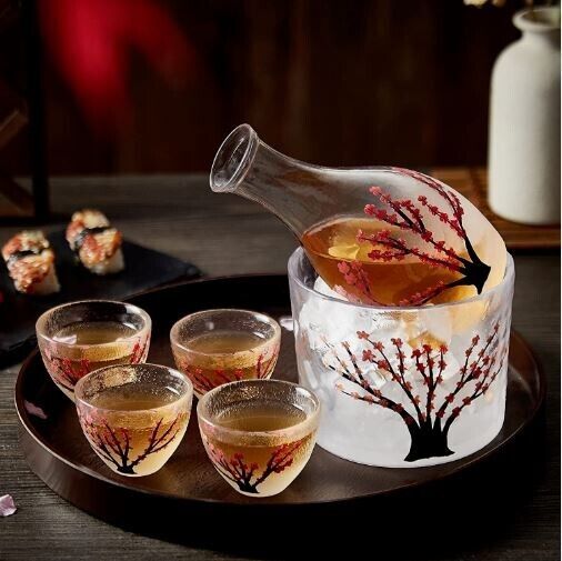 DUJUST Japanese Sake Set for 4, Handcrafted Pink Cherry Blossoms Design
