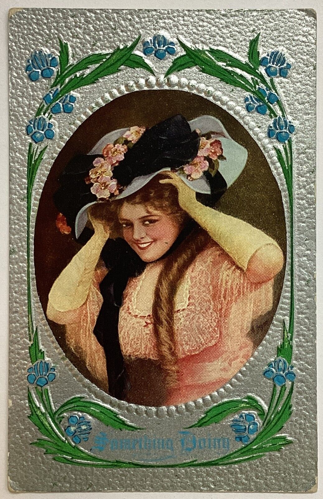 Pretty Lady Titled Something Doing Vintage Embossed Postcard Posted 1911