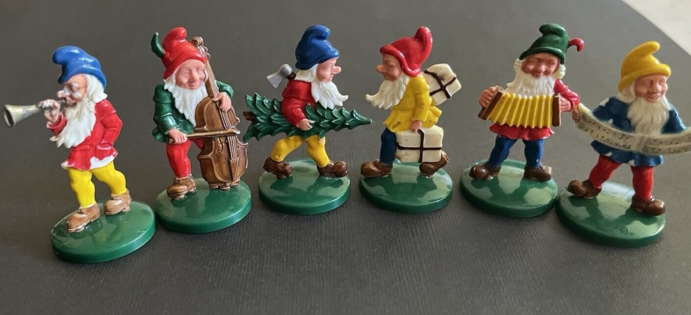 Vintage Lot of 6 Elf Gnome Plastic Band Figures. Germany. 2” Tall
