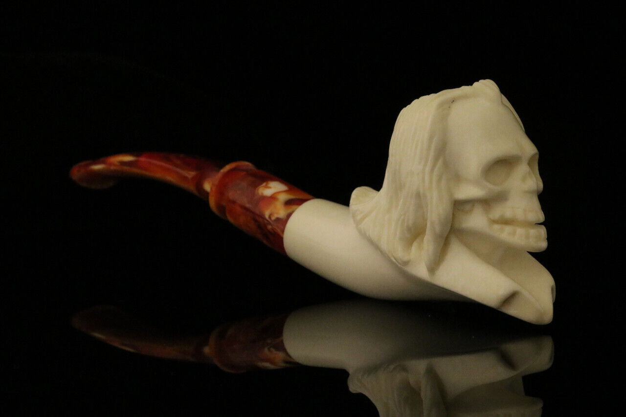 srv - Long Haired Skull Block Meerschaum Pipe with custom case M2121