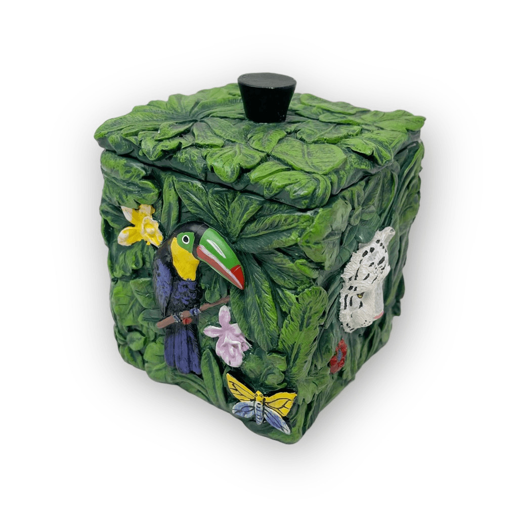 Picturesque 3D Jungle Theme Small Trinket Jewlery Box Flawed Tiger Tucan Leaves